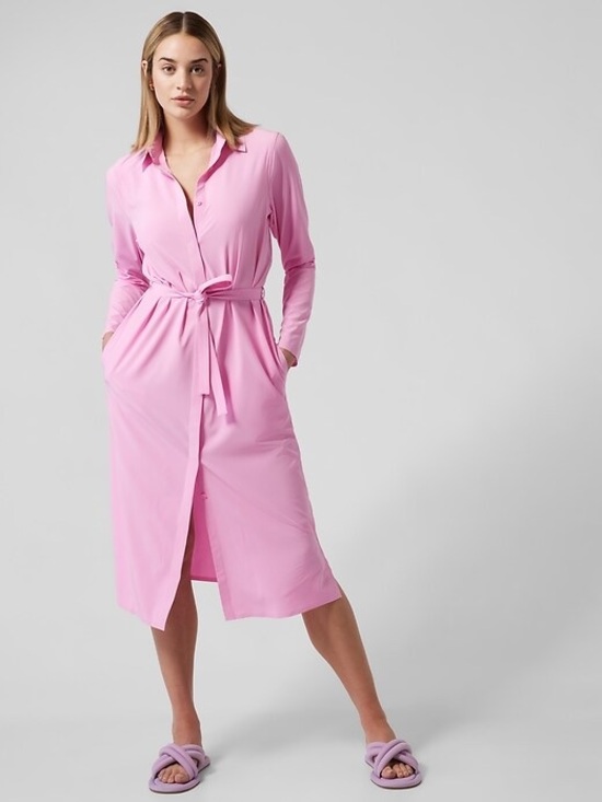 Athleta Dresses & Skirts - Athleta Urbanite Pink Shirt Dress Long Sleeve Midi Size Small Summer Athleisure